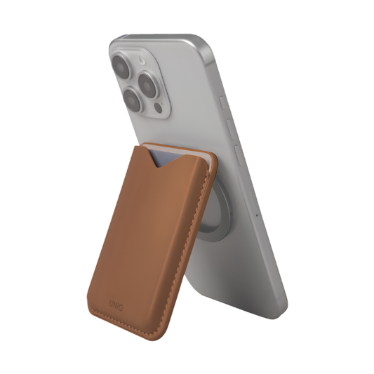 Tan leather cardholder on smartphone acting as landscape kickstand