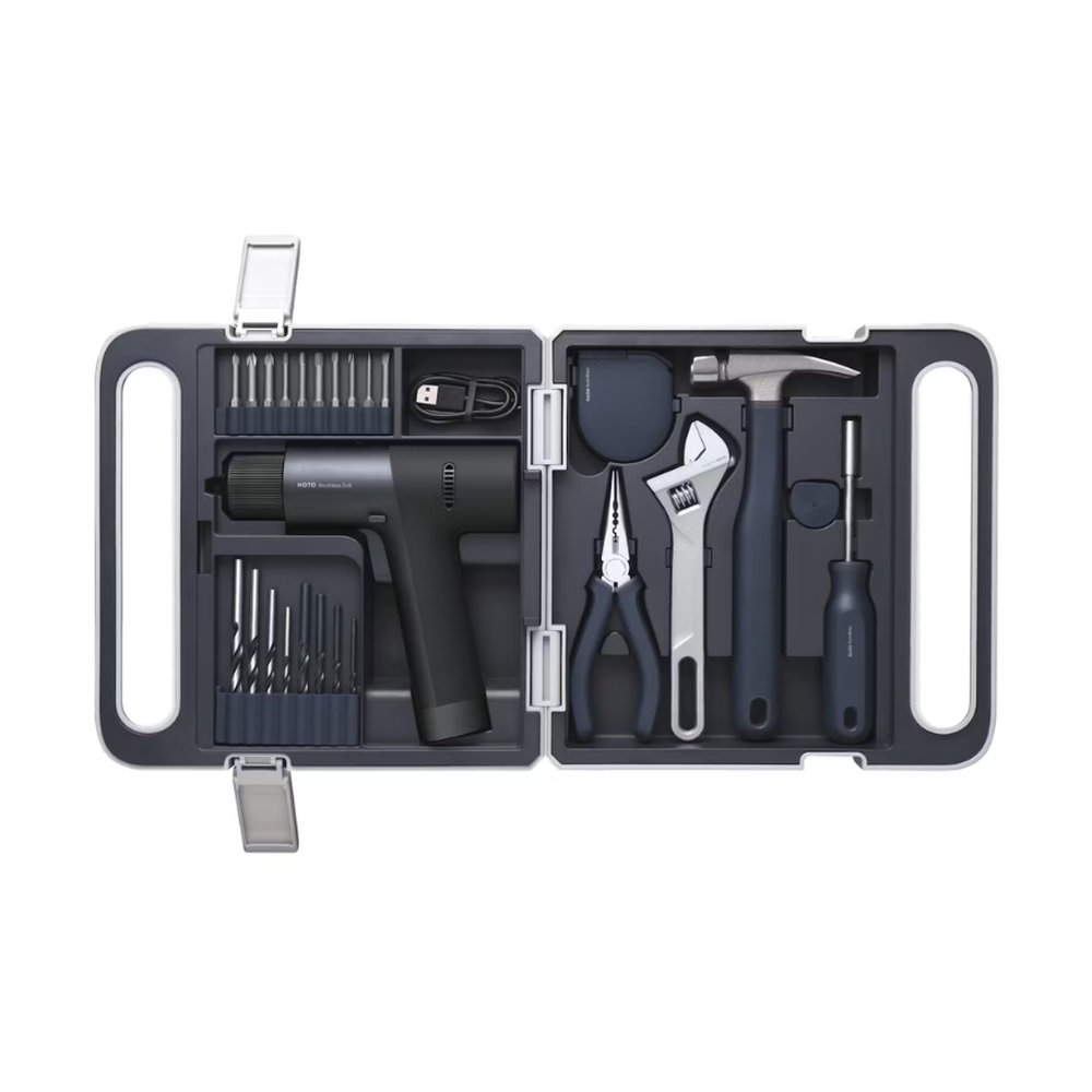HOTO 12V brushless drill set in open gray case with bits and hand tools