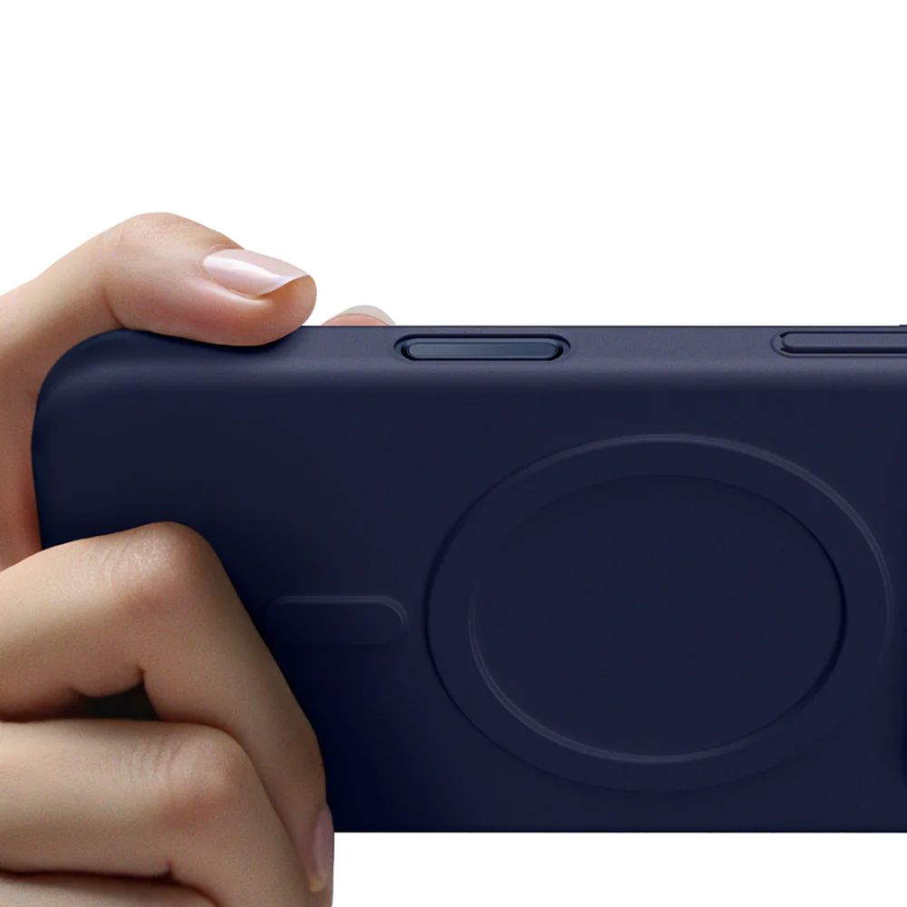 Navy blue slim phone case side view showing button cutouts and MagSafe