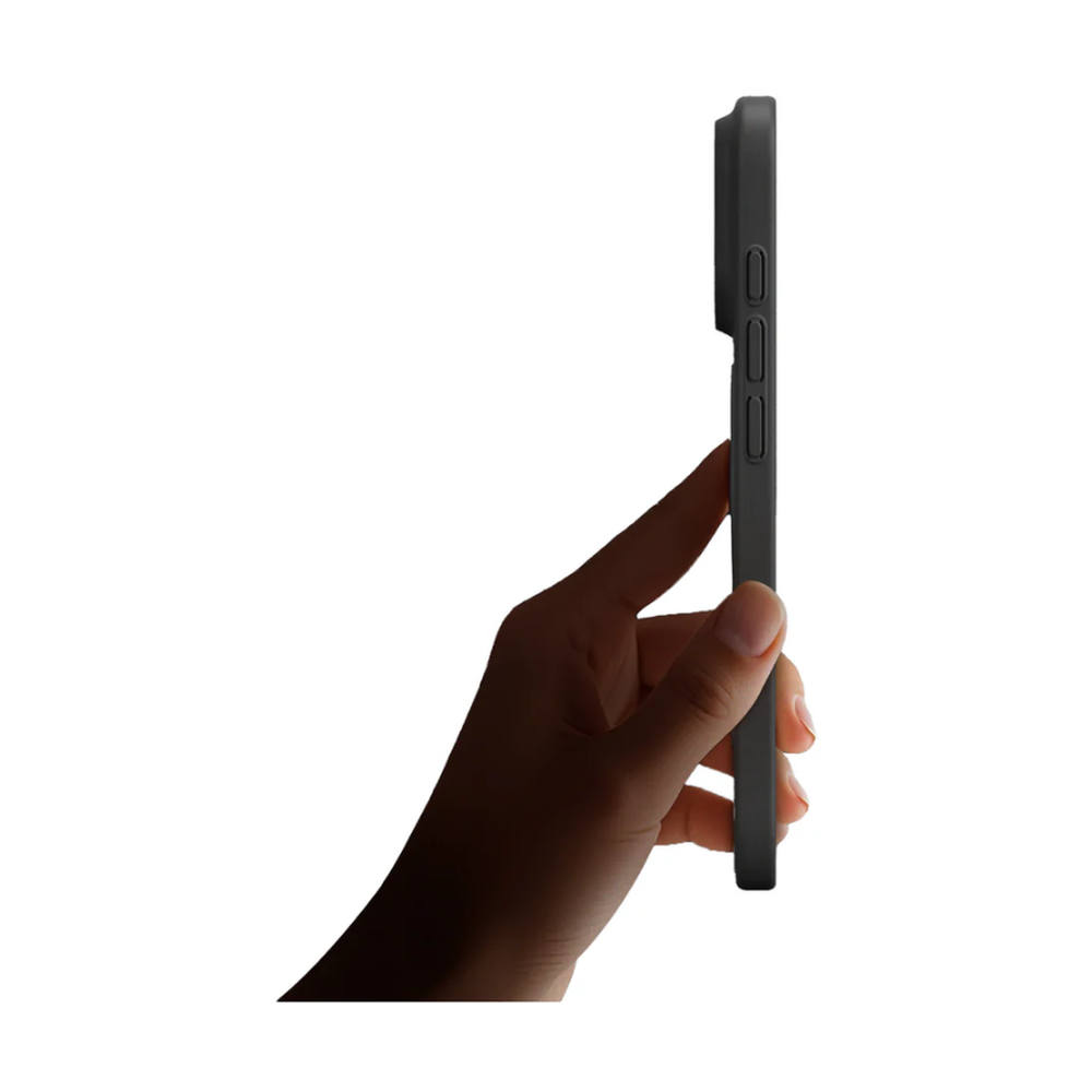 Slim navy blue phone case side profile with precise volume button access