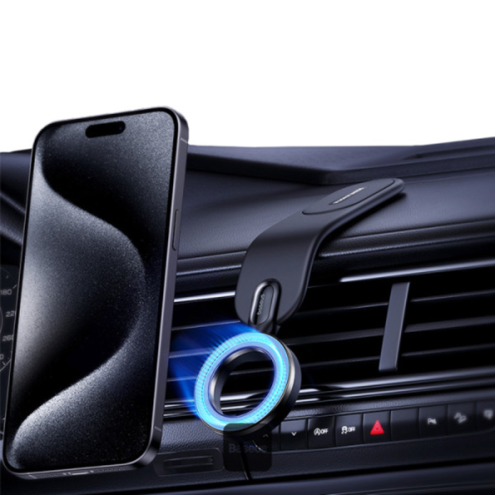 Baseus MagSafe car phone holder mounted on air vent with flexible arm and glowing magnet