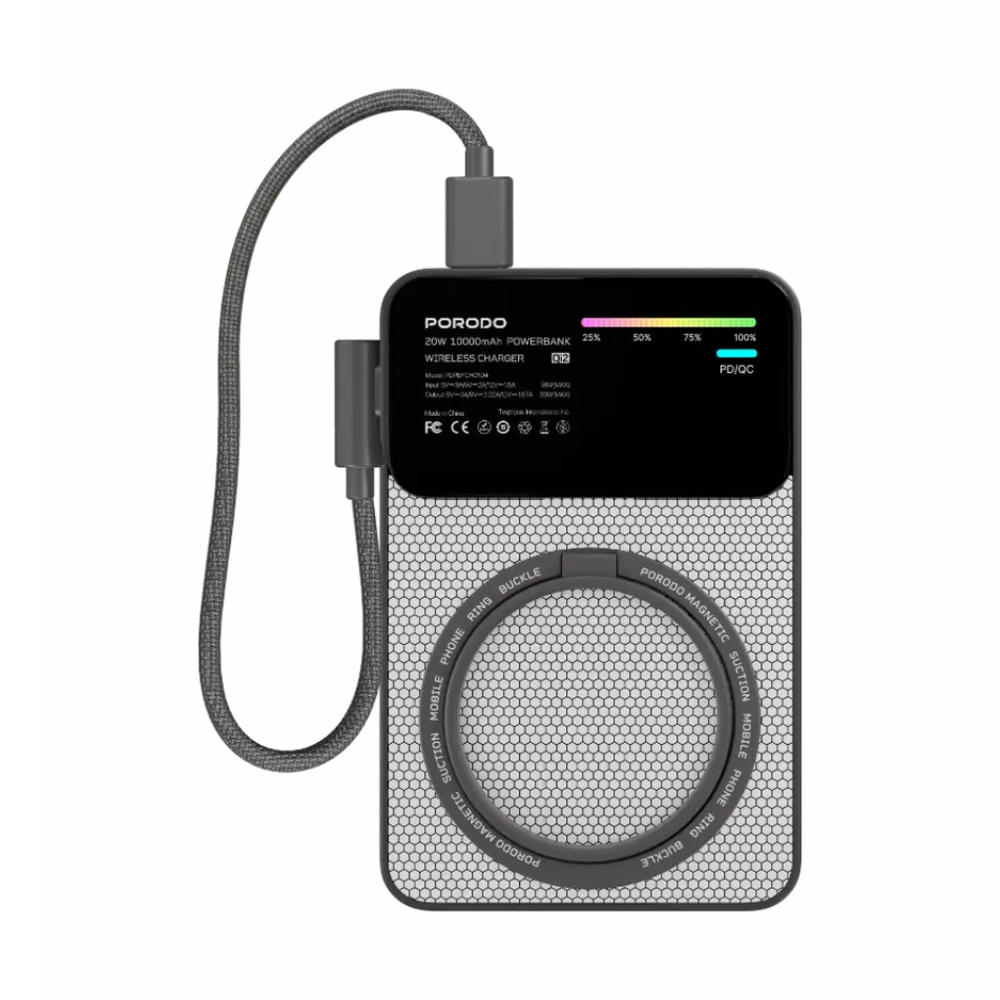 Black Porodo 10000mAh wireless power bank showing LED battery level, PD QC indicators, and built-in USB-C cable