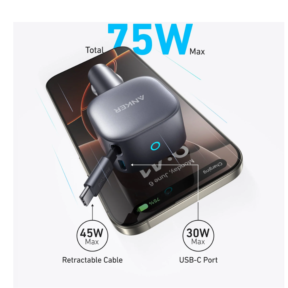 Anker 75W built-in car charger with retractable USB-C cable charging smartphone