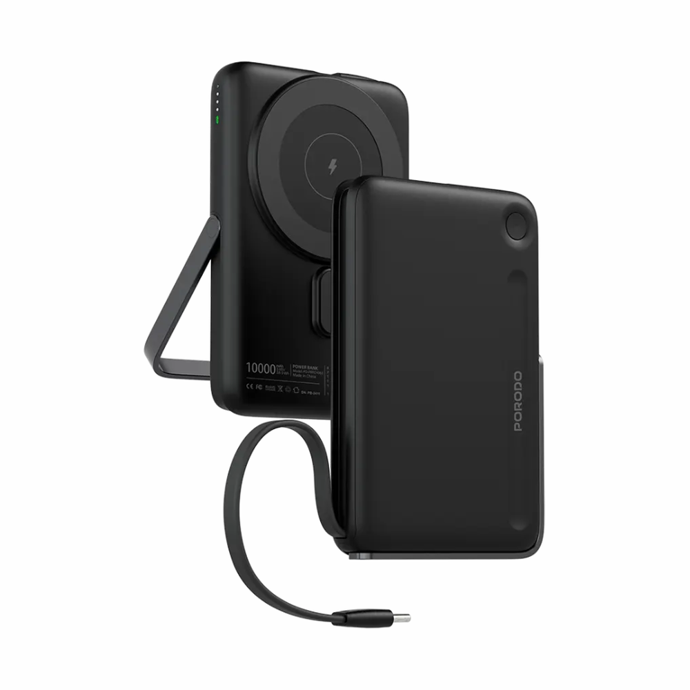 Porodo black 10000mAh power bank with built-in USB-C cable, 15W wireless charging and foldable stand