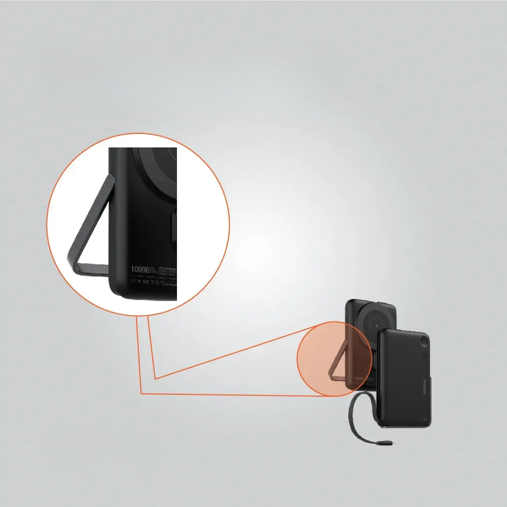 Porodo power bank integrated stand mechanism detail showing secure magnetic hold for phone