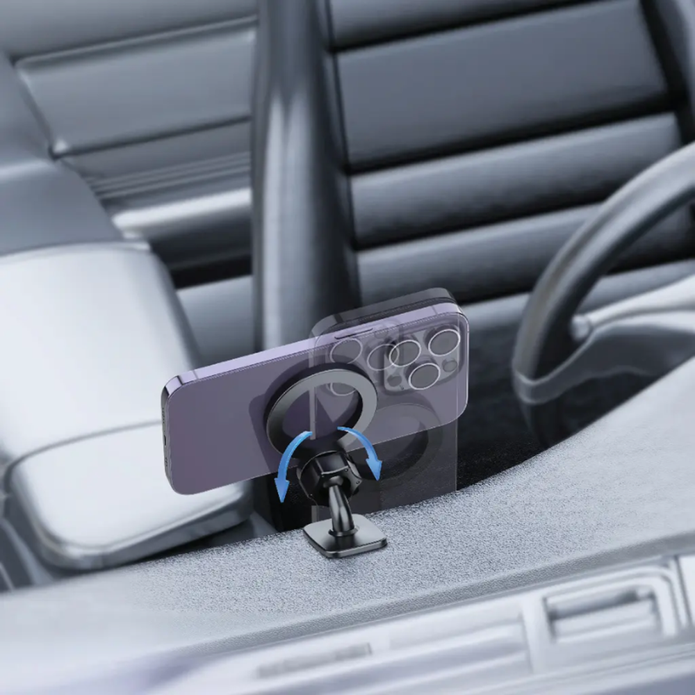 Green Lion MagSafe car phone holder with 360° rotation on dashboard
