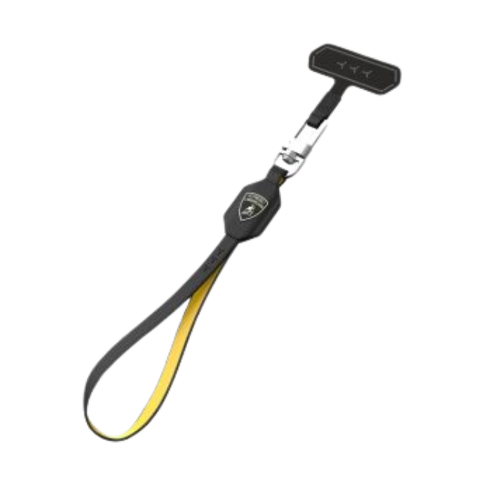Side angle of black Lamborghini leather phone grip with yellow lining