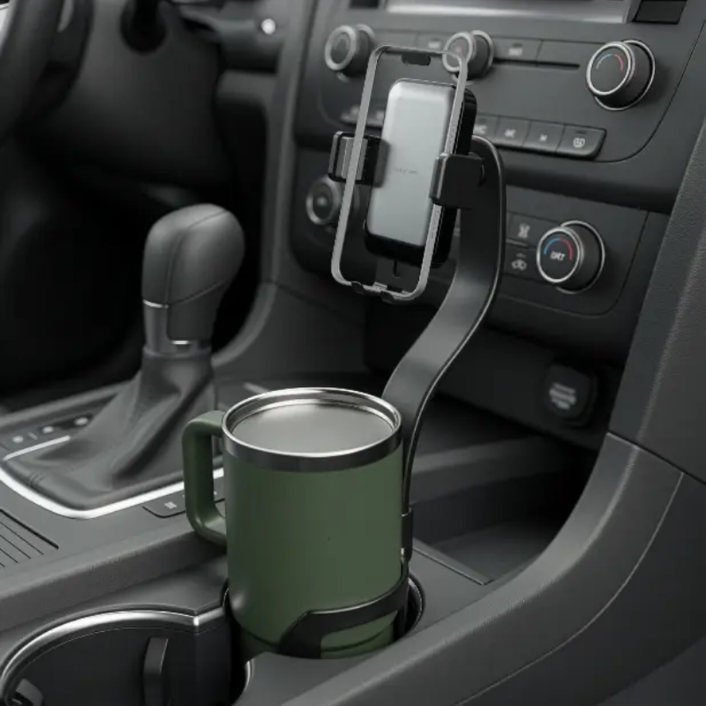 Green Lion black cup holder phone mount with flexible gooseneck holding smartphone in car