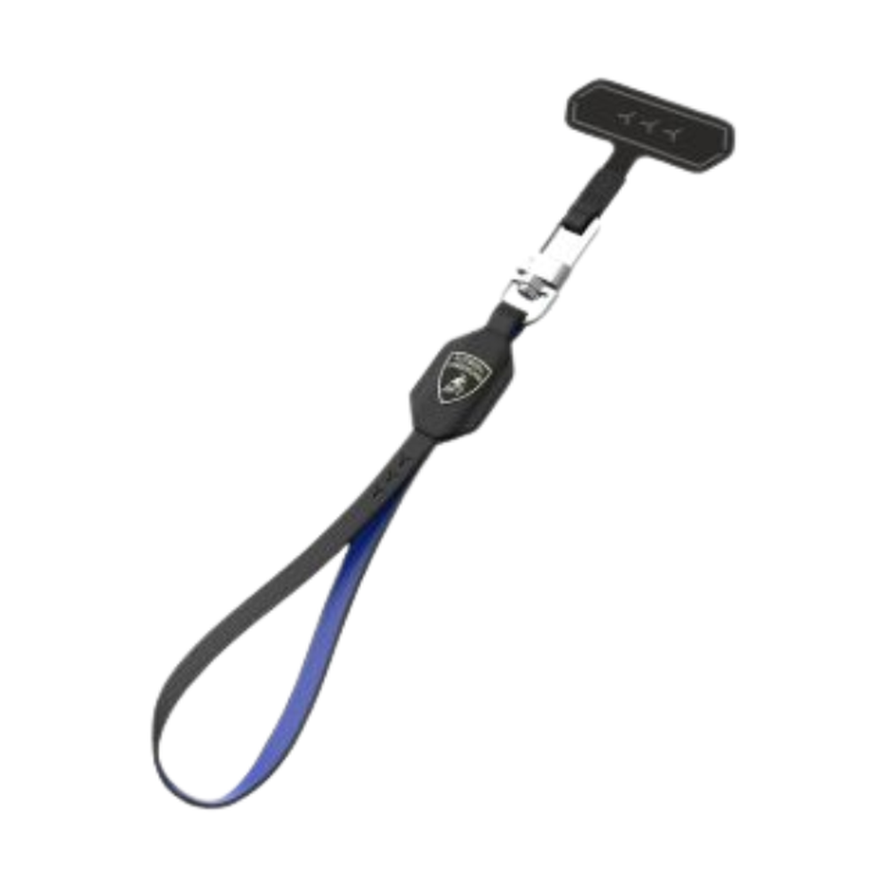 Angled view of black Lamborghini leather phone grip with blue lining detail