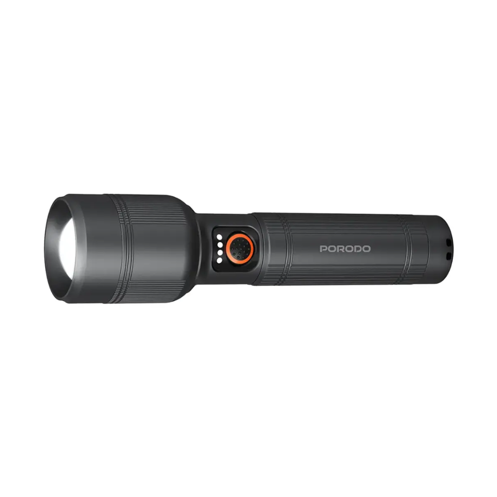 Black Porodo 2600 lumen rechargeable flashlight with textured grip and orange zoom dial