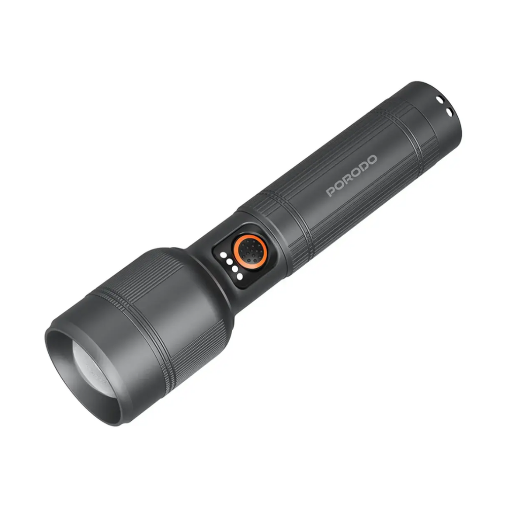 Angled view of black Porodo 2600 lumen flashlight showing ribbed grip and control panel