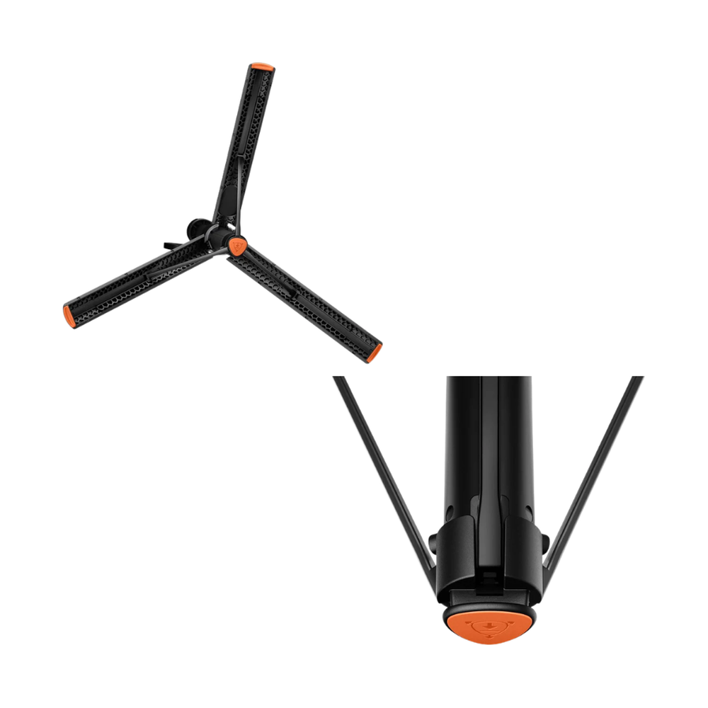 Black tripod selfie stick with orange-tipped legs and hinge detail