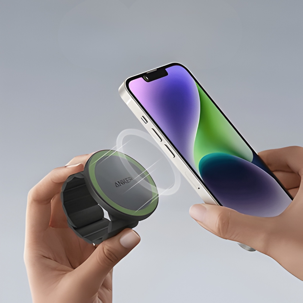 Anker magnetic phone grip with lime green ring and ribbed band for secure smartphone hold