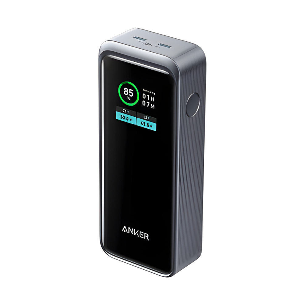 Front view of black Anker 12000mAh power bank with smart display and USB-C ports