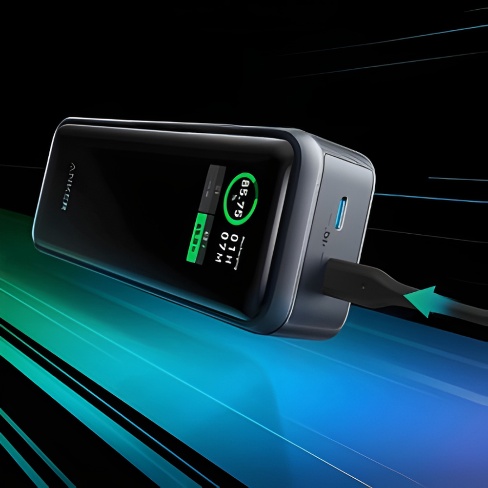 Anker 130W Smart Power Bank with digital display showing 85% battery and 30W output