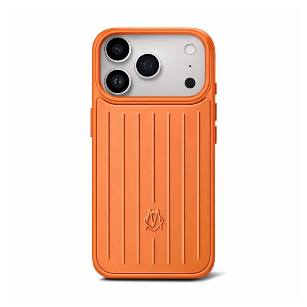 Orange Rimowa iPhone 17 Pro case with military-grade drop protection design