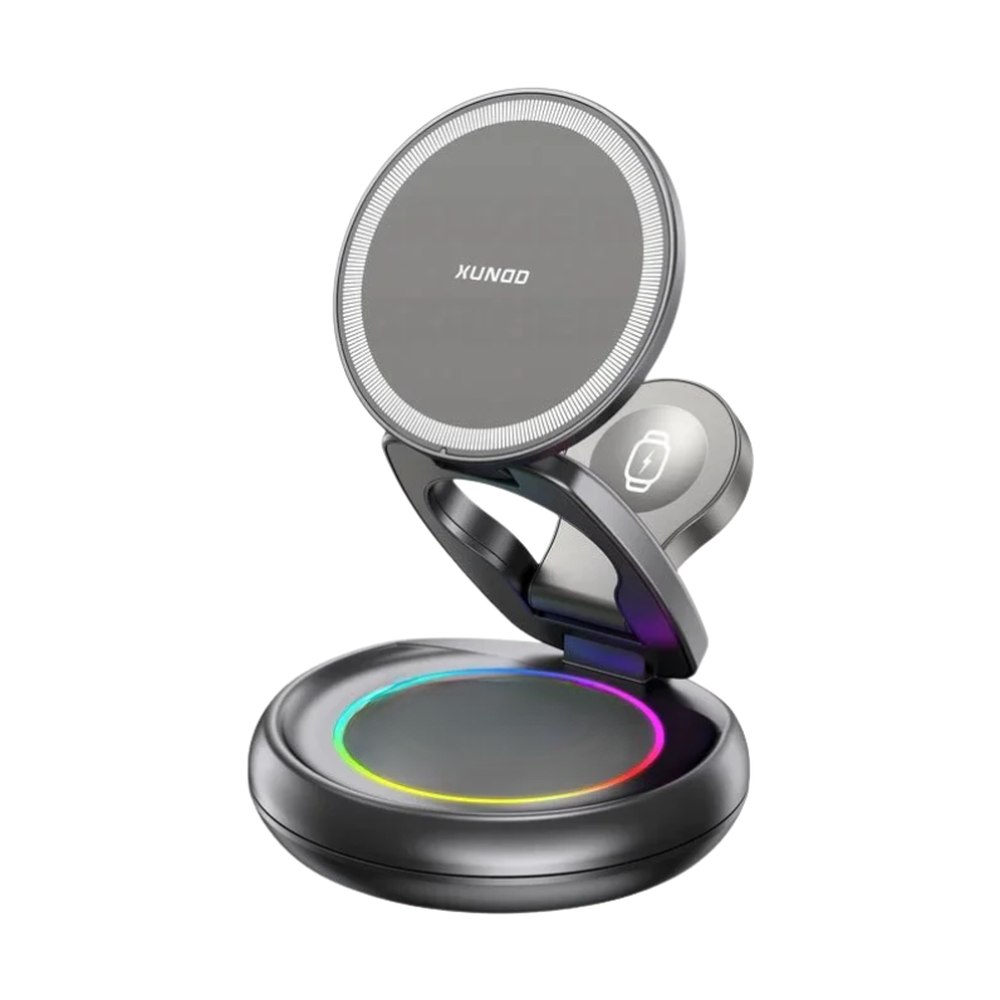 Xundd black foldable 3-in-1 wireless charger with rainbow LED ring and adjustable arm