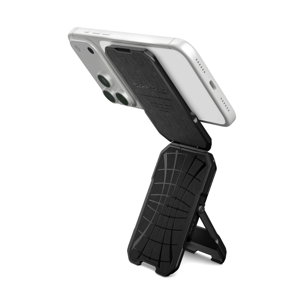Spigen MagSafe wallet stand mode showing adjustable angle and rugged interior
