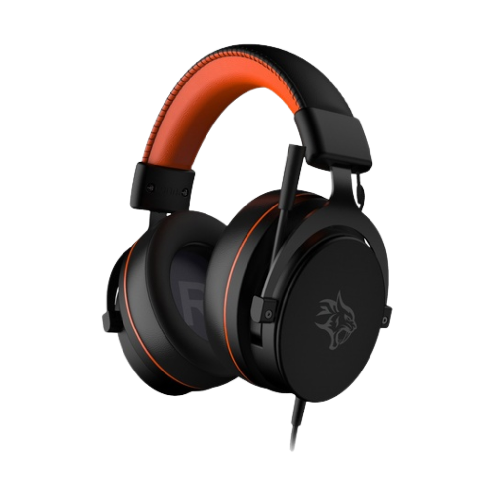 Black and orange Porodo RGB gaming headphones with noise-canceling mic