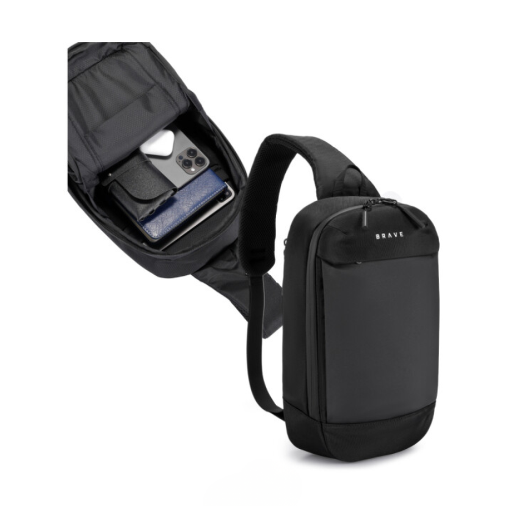 Black Brave sling bag split view showing exterior logo and organized interior layout