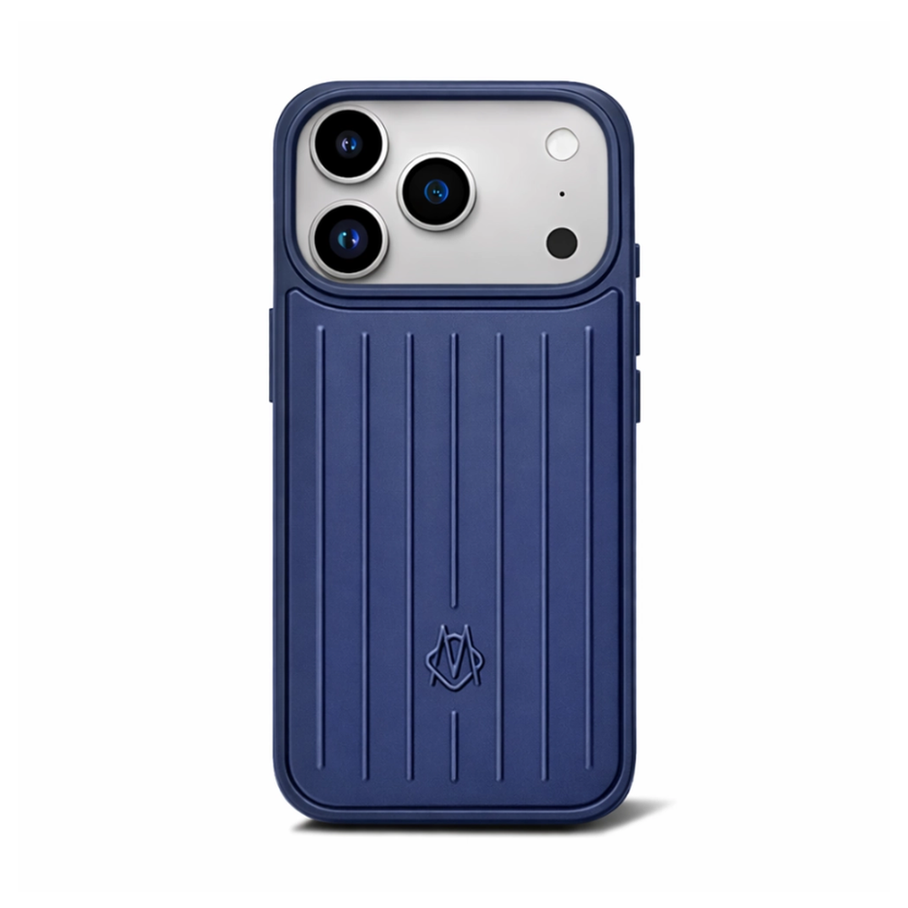 Navy blue Rimowa iPhone 17 Pro case featuring textured back and MagSafe support