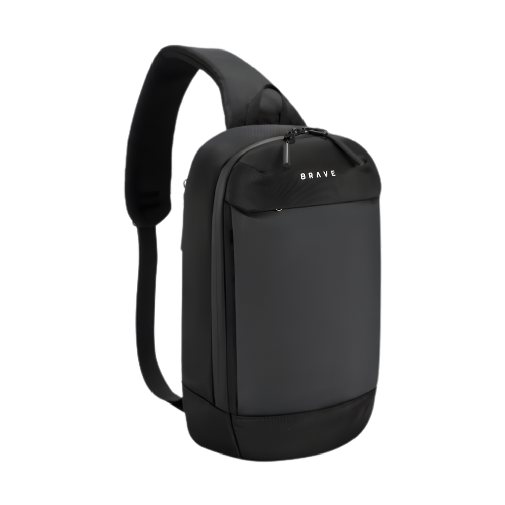 Front view of black Brave sling bag with padded strap and zippered front pocket