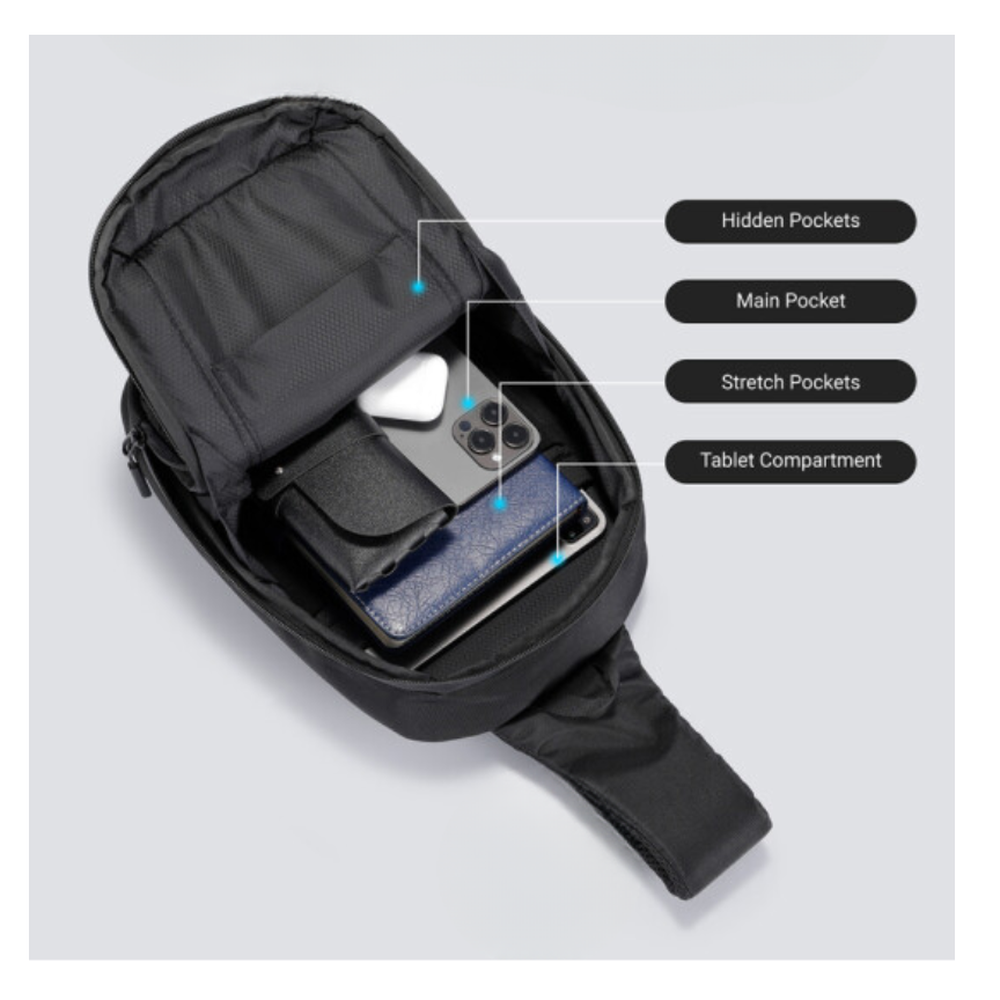 Black Brave sling bag interior with labeled compartments for smartphone wallet and tablet
