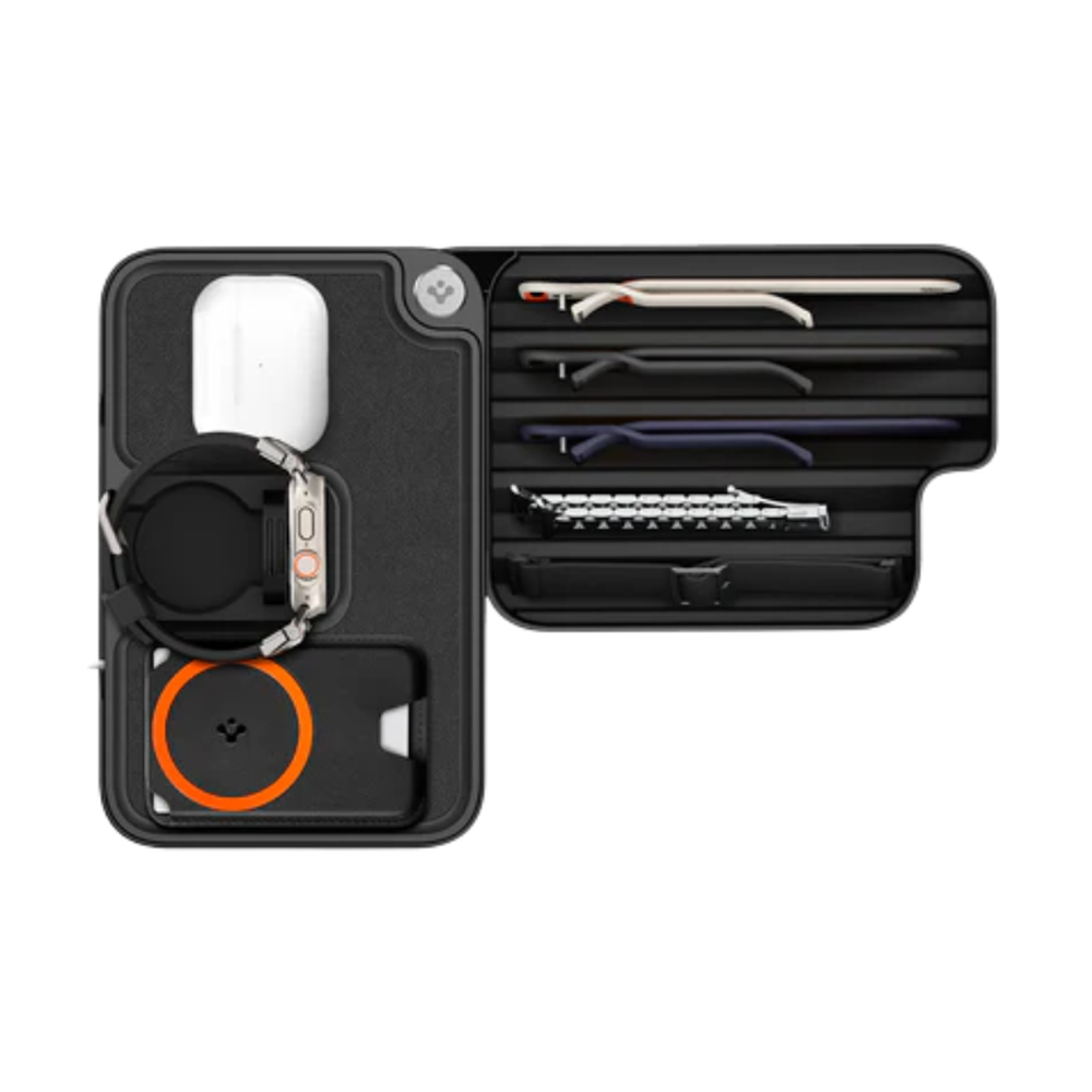 Open black Apple Watch charging station holding bands, AirPods, and watch on magnetic puck