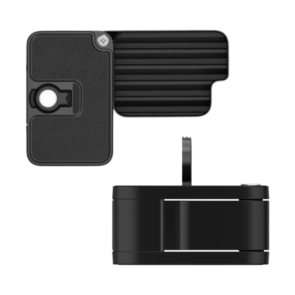 Black Spigen Apple Watch charging stand organizer with hinged lid and silicone liner