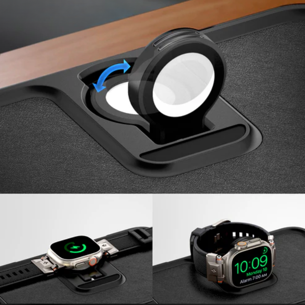 Close-up of black magnetic Apple Watch charging dock with rotating mechanism detail