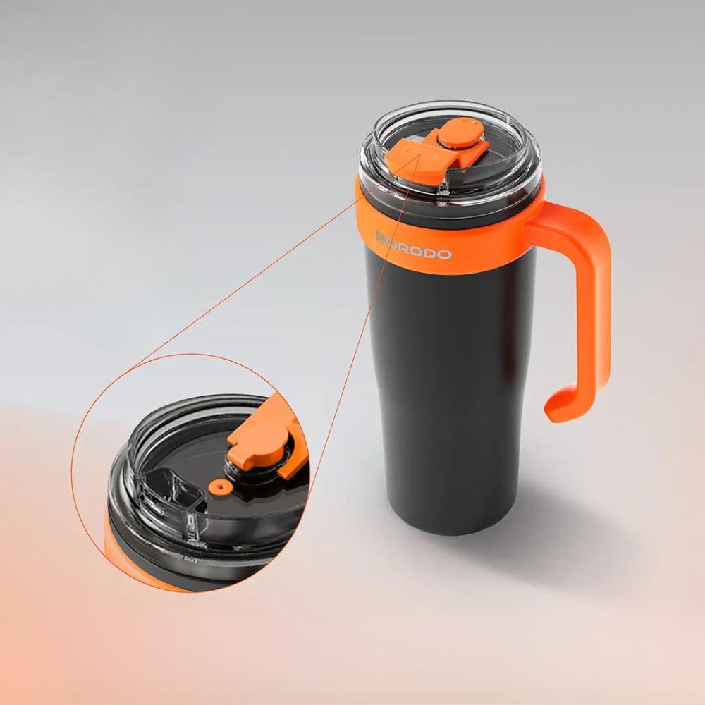Close-up of Porodo travel mug lid showing flip-top valve and sealing components