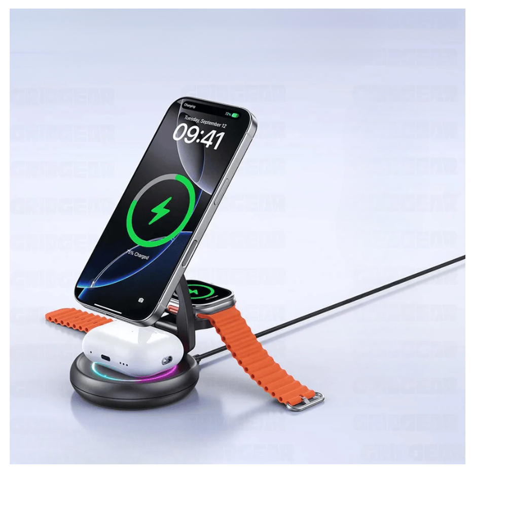 Xundd 3-in-1 wireless charger powering iPhone, Apple Watch, and AirPods simultaneously