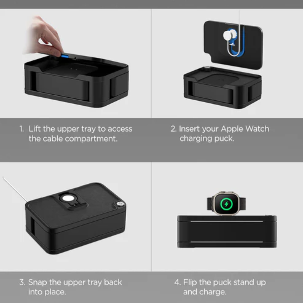 Step-by-step guide assembling Spigen Apple Watch charging stand and cable compartment