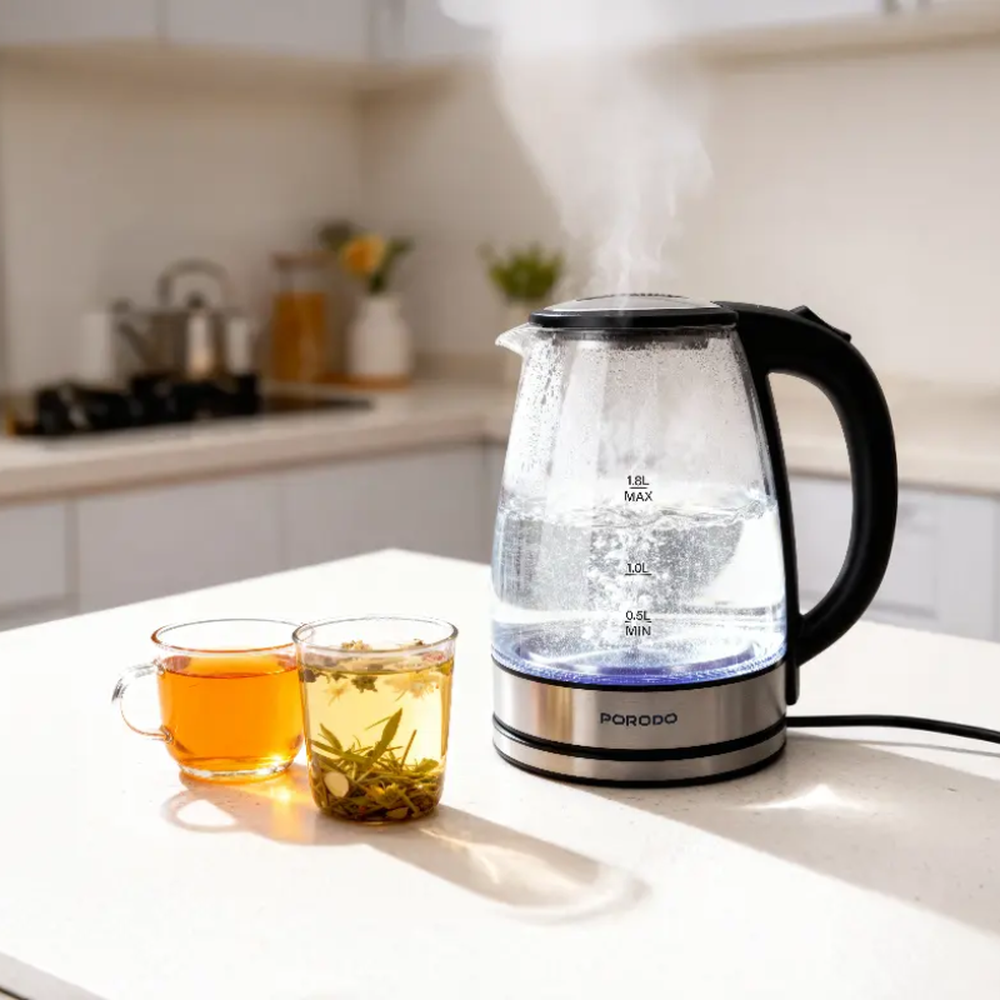 Borosilicate glass kettle boiling on kitchen counter with blue LED light