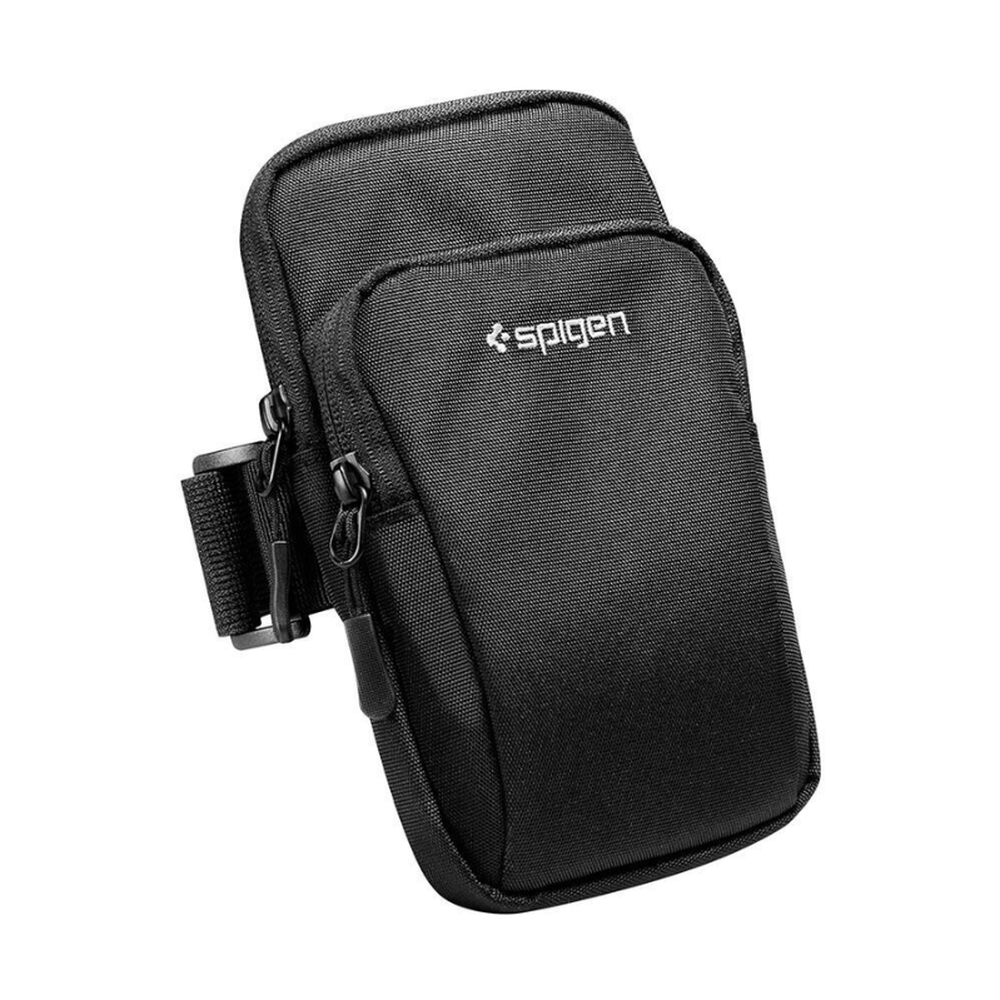 Spigen black running armband with textured fabric and front zippered pocket