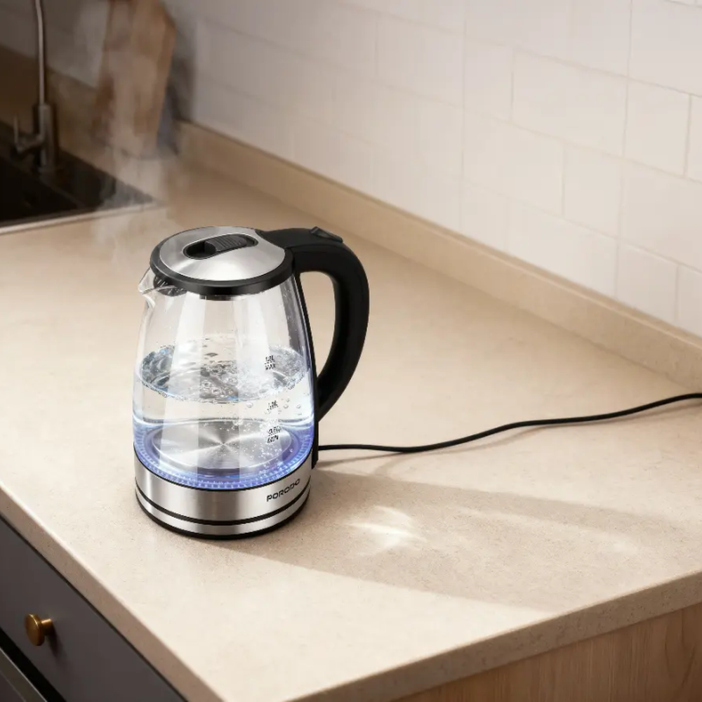Side view of Porodo electric kettle with water level markings and steam