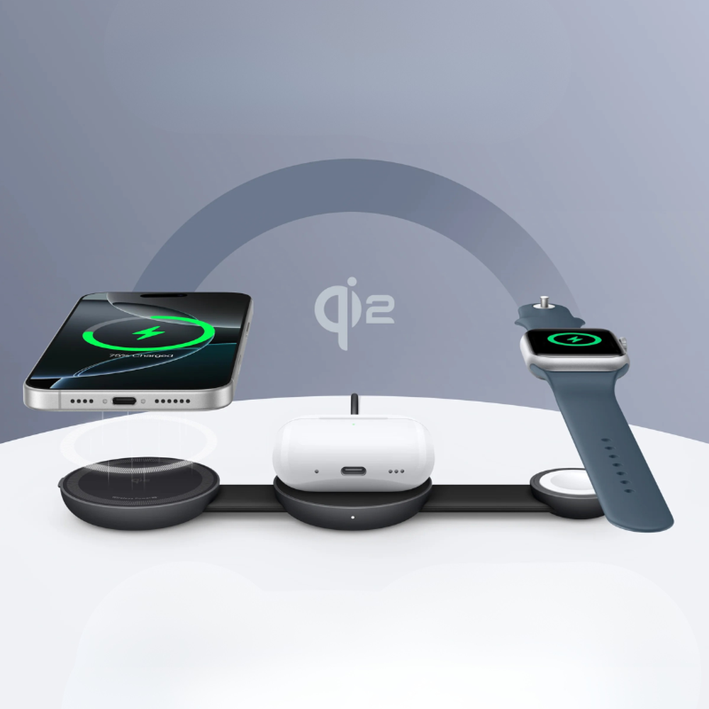 Anker 3-in-1 Qi2 charging station displaying green icons on iPhone, AirPods, and smartwatch