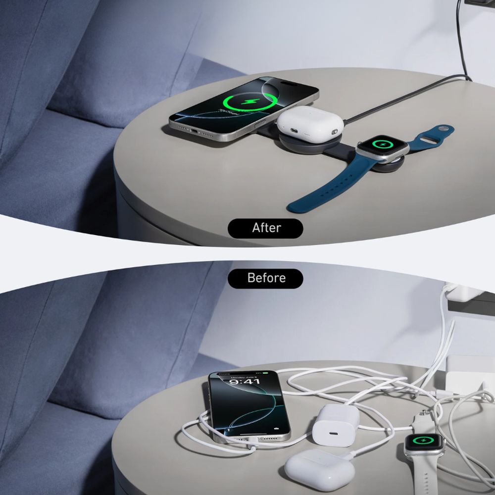 Before and after comparison showing cluttered cables versus organized Anker 3-in-1 charging setup
