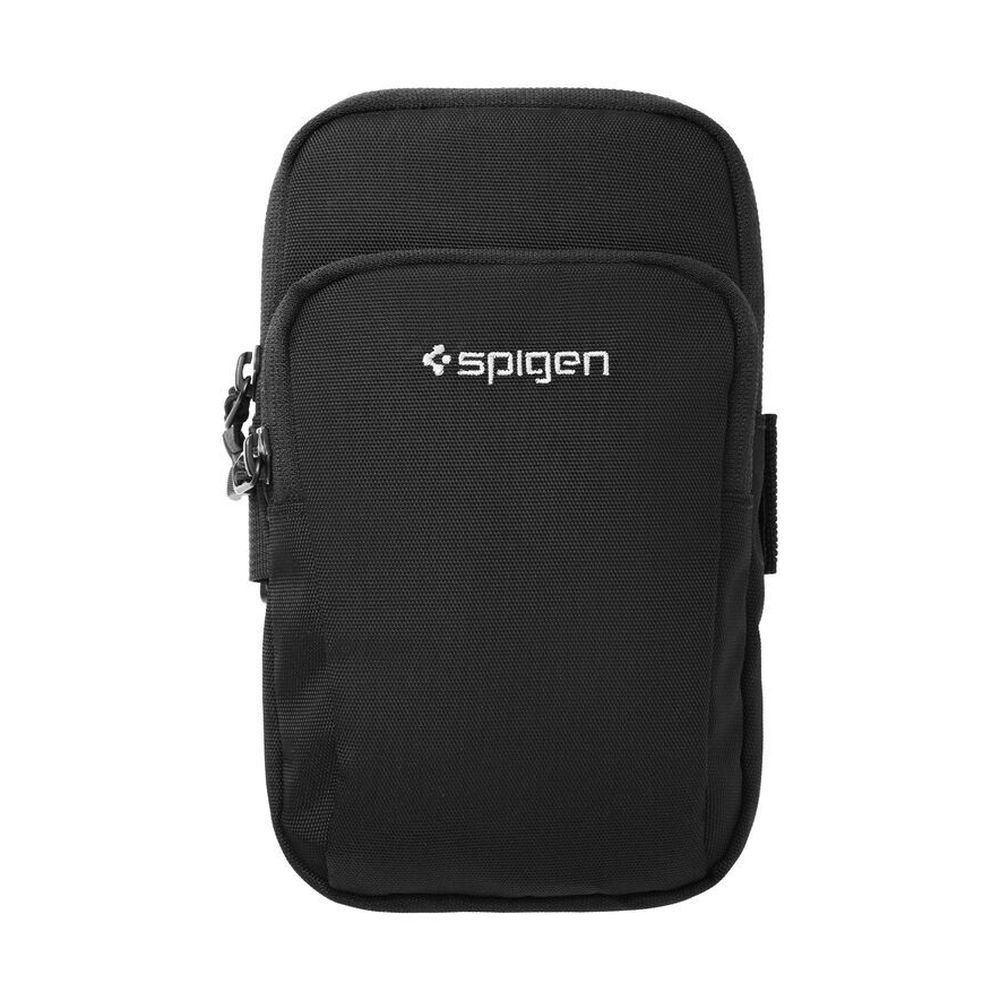 Black Spigen smartphone armband featuring dual pockets and adjustable strap