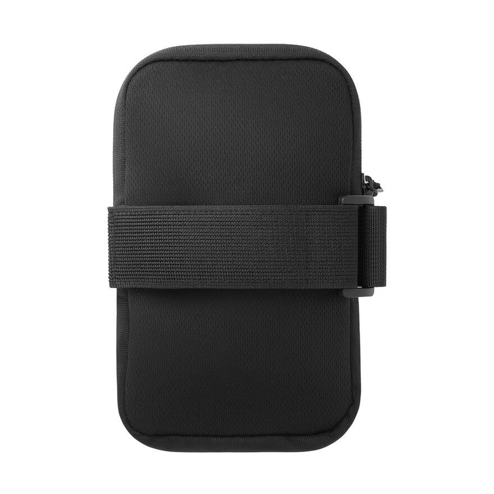 Back view of black Spigen armband with elastic strap and plastic buckle