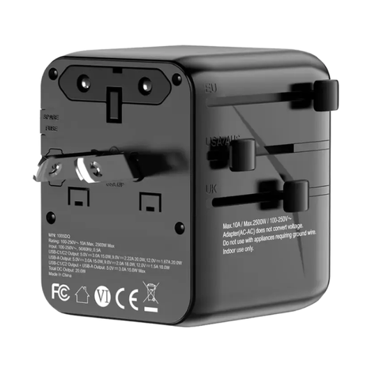 Back view of black universal travel charger showing detachable EU UK US AU plugs