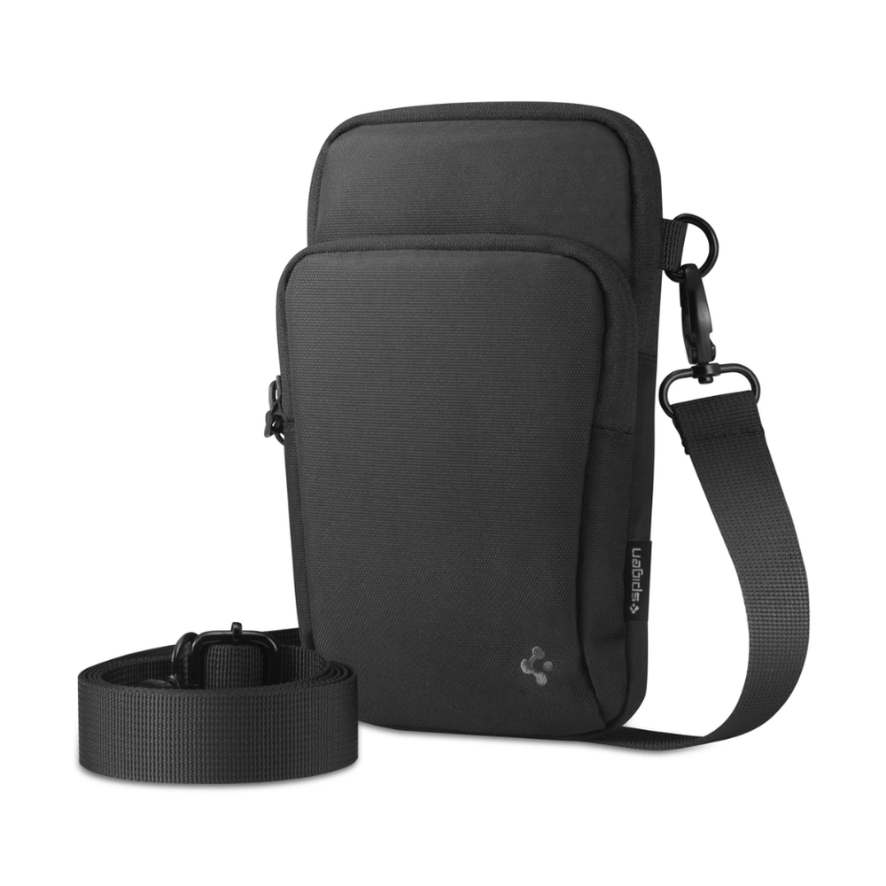 Black Spigen crossbody phone bag with adjustable strap and metal clips