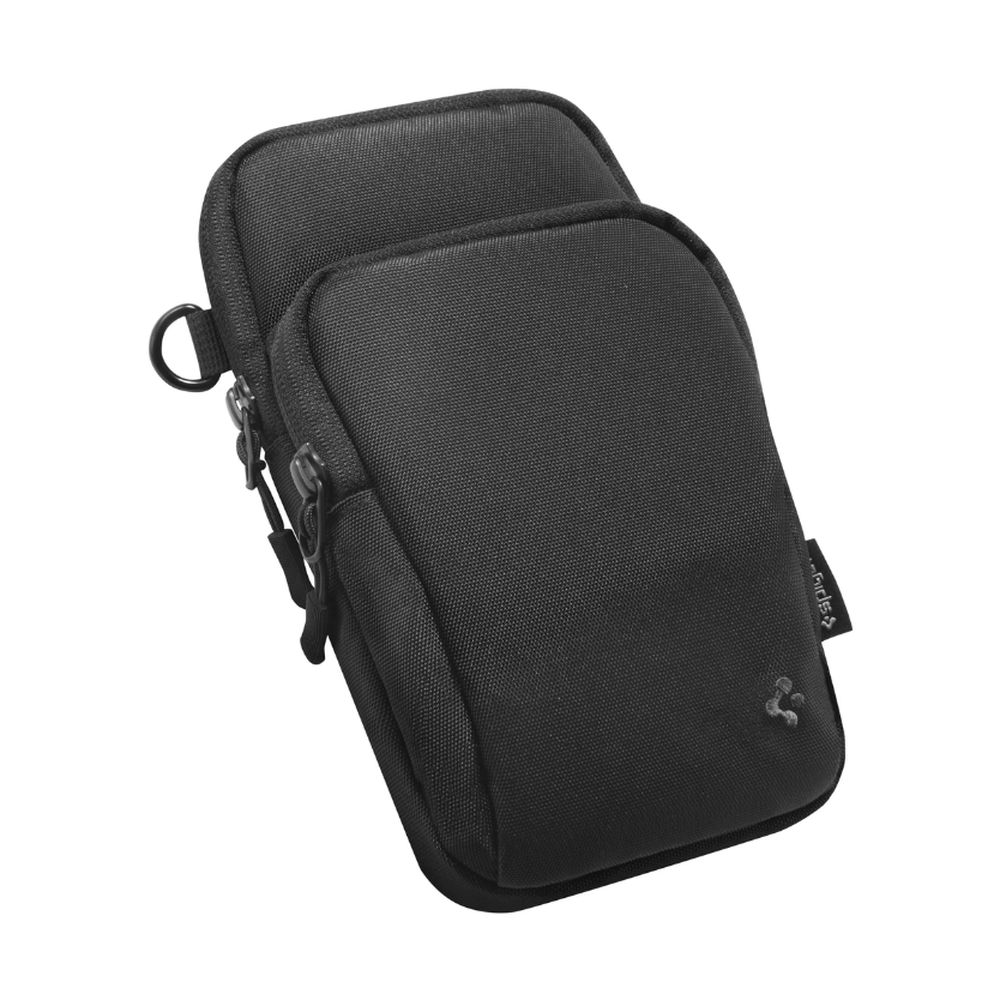 Black Spigen crossbody phone bag with textured fabric and front zippered pocket