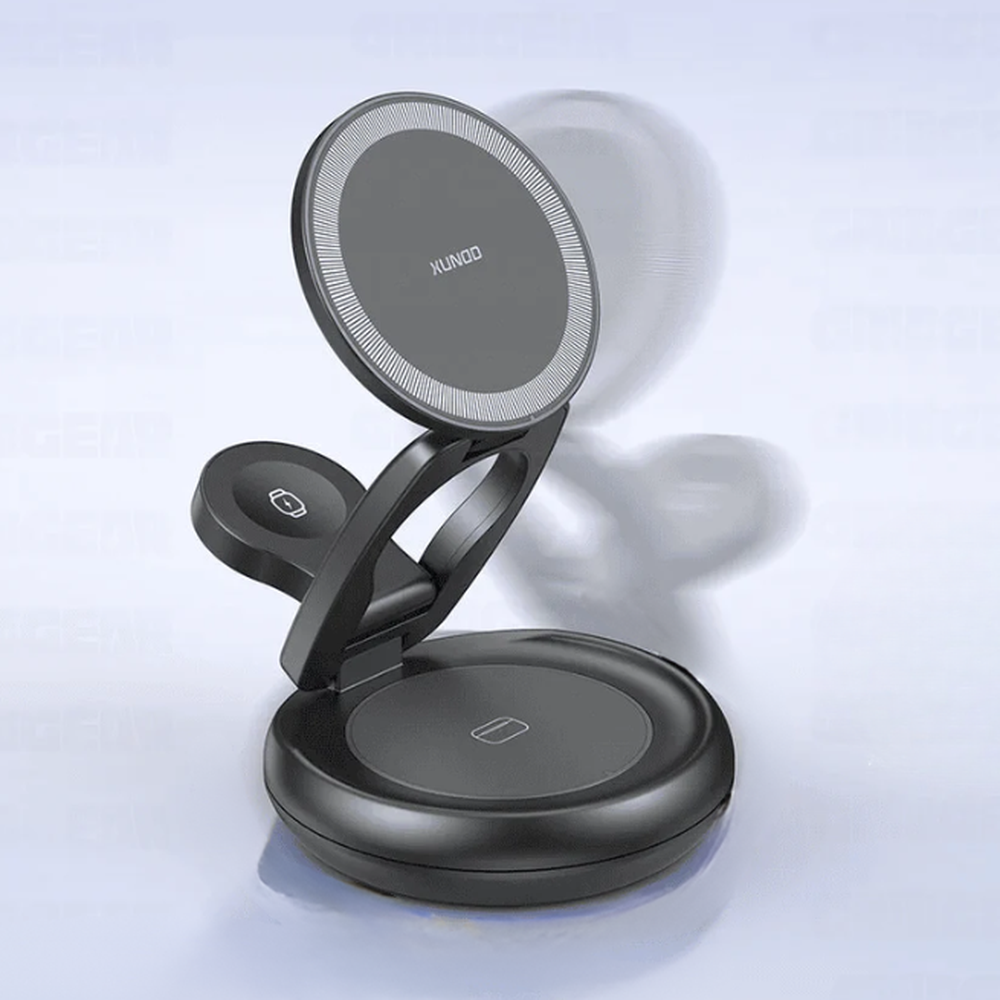 Xundd 3-in-1 wireless charging stand in open position showing matte base and watch pad
