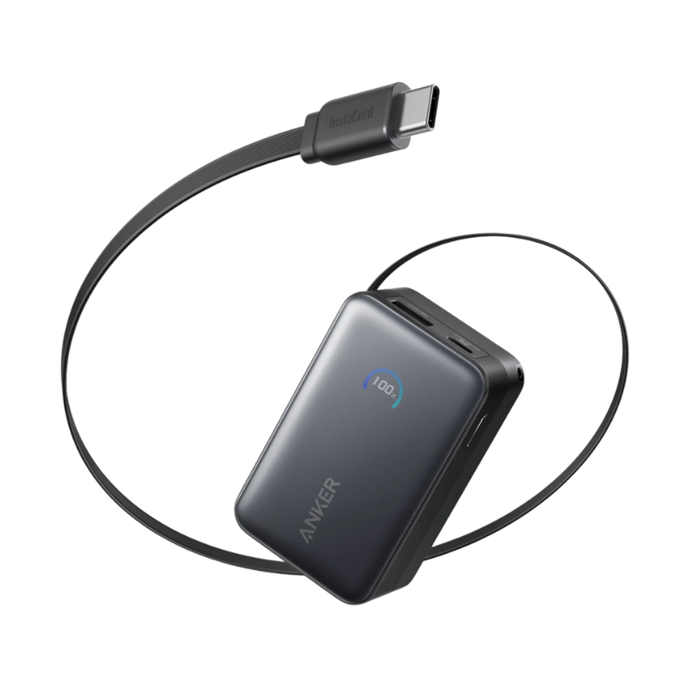 Dark gray Anker 10,000mAh power bank with integrated InstaCord cable