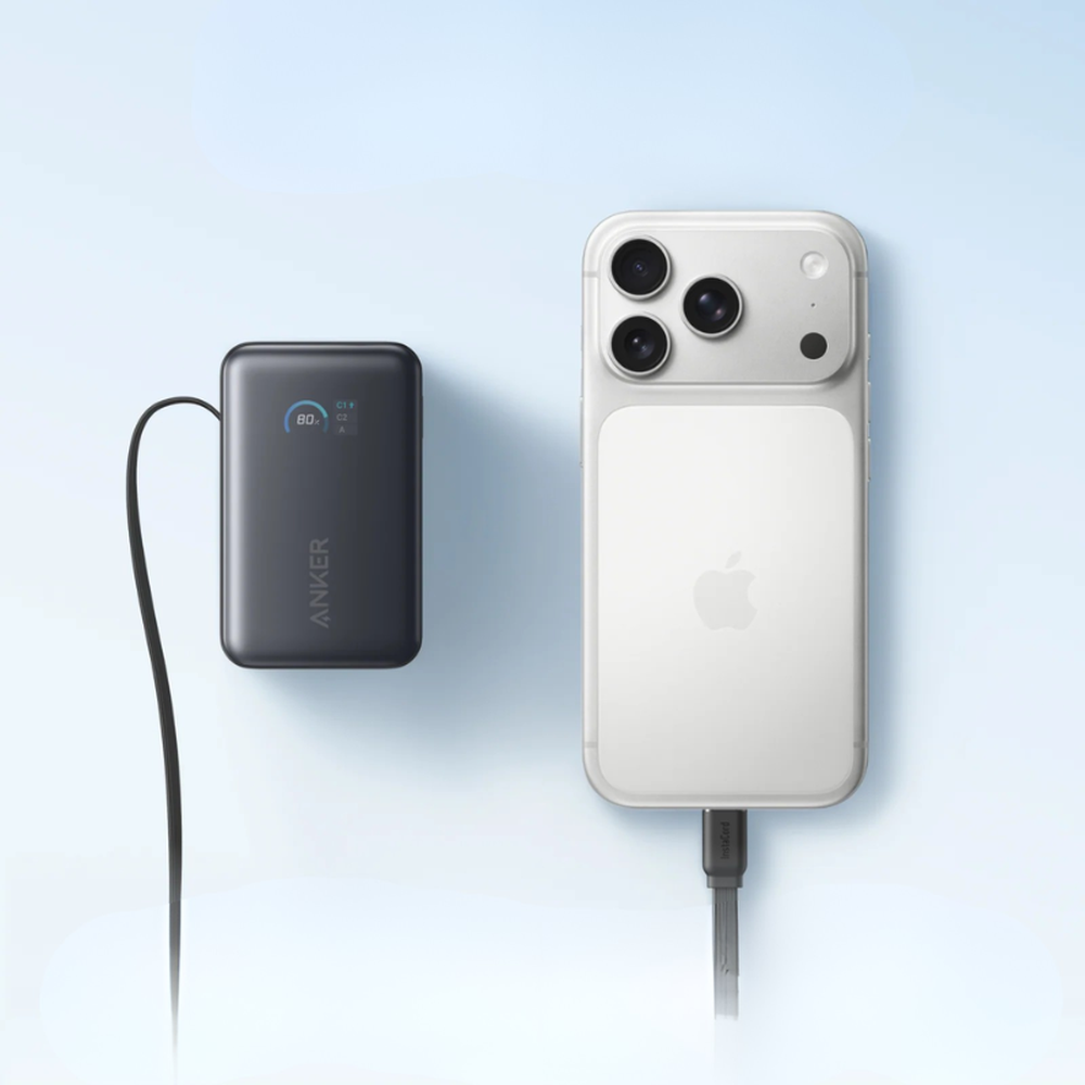 Anker 45W power bank with retractable USB-C cable charging smartphone