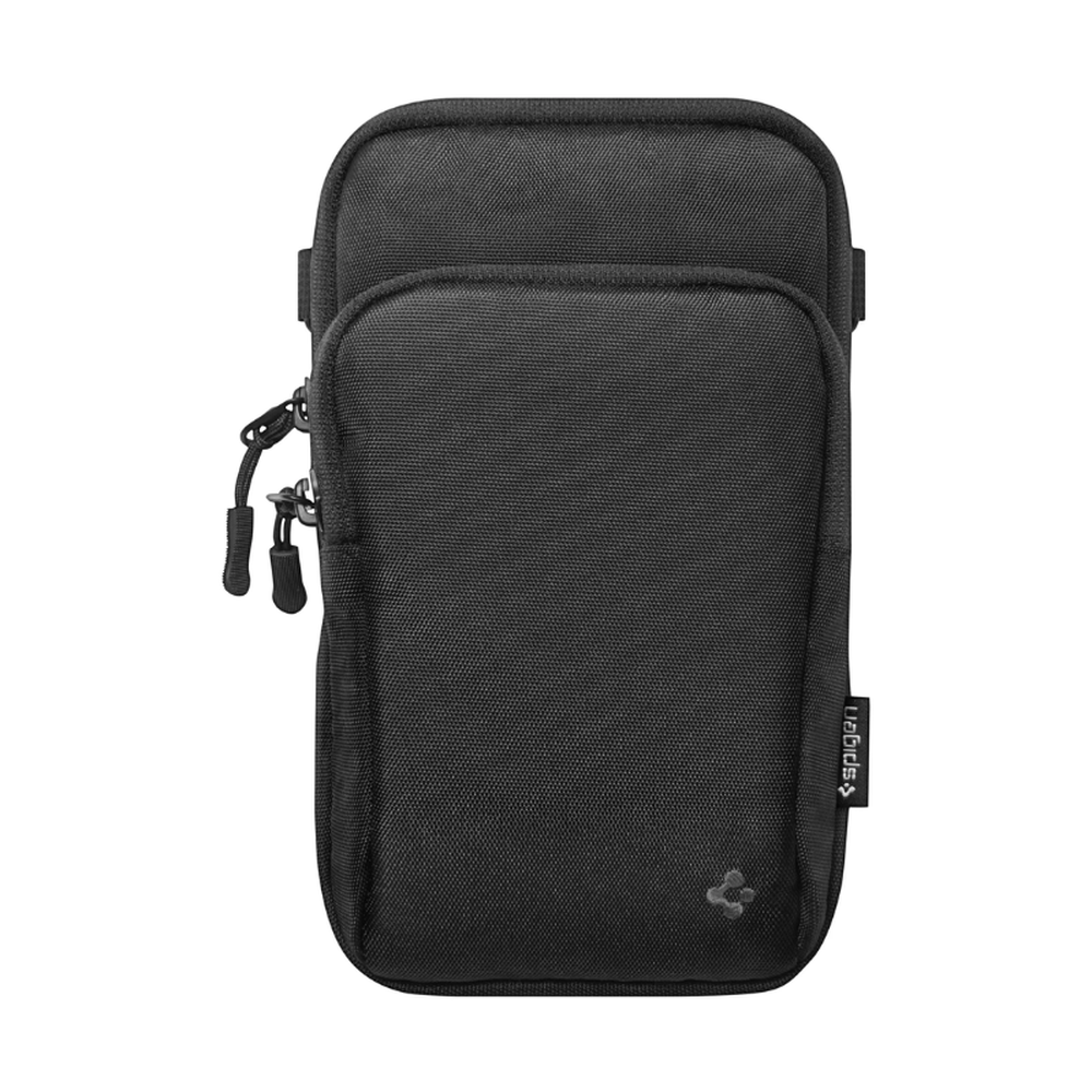 Front view of black Spigen crossbody bag with dual zipper pulls