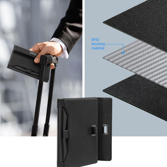 RFID blocking travel organizer with layered carbon fiber and felt interior