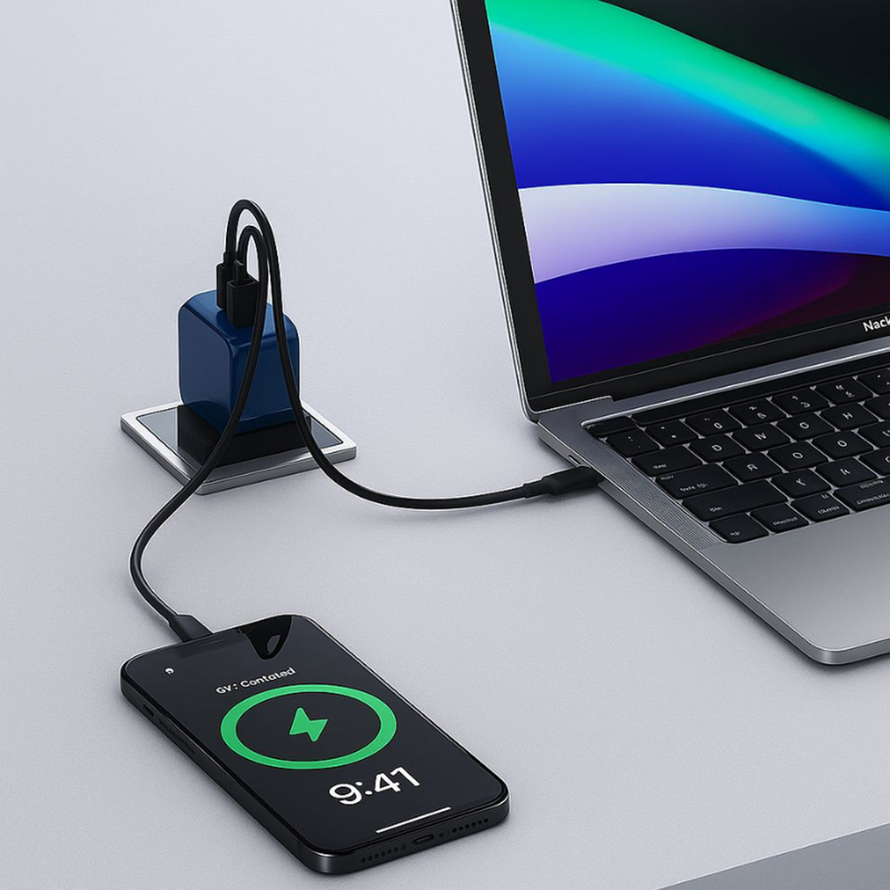 Blue Wizard 33W GaN wall charger charging smartphone and laptop simultaneously