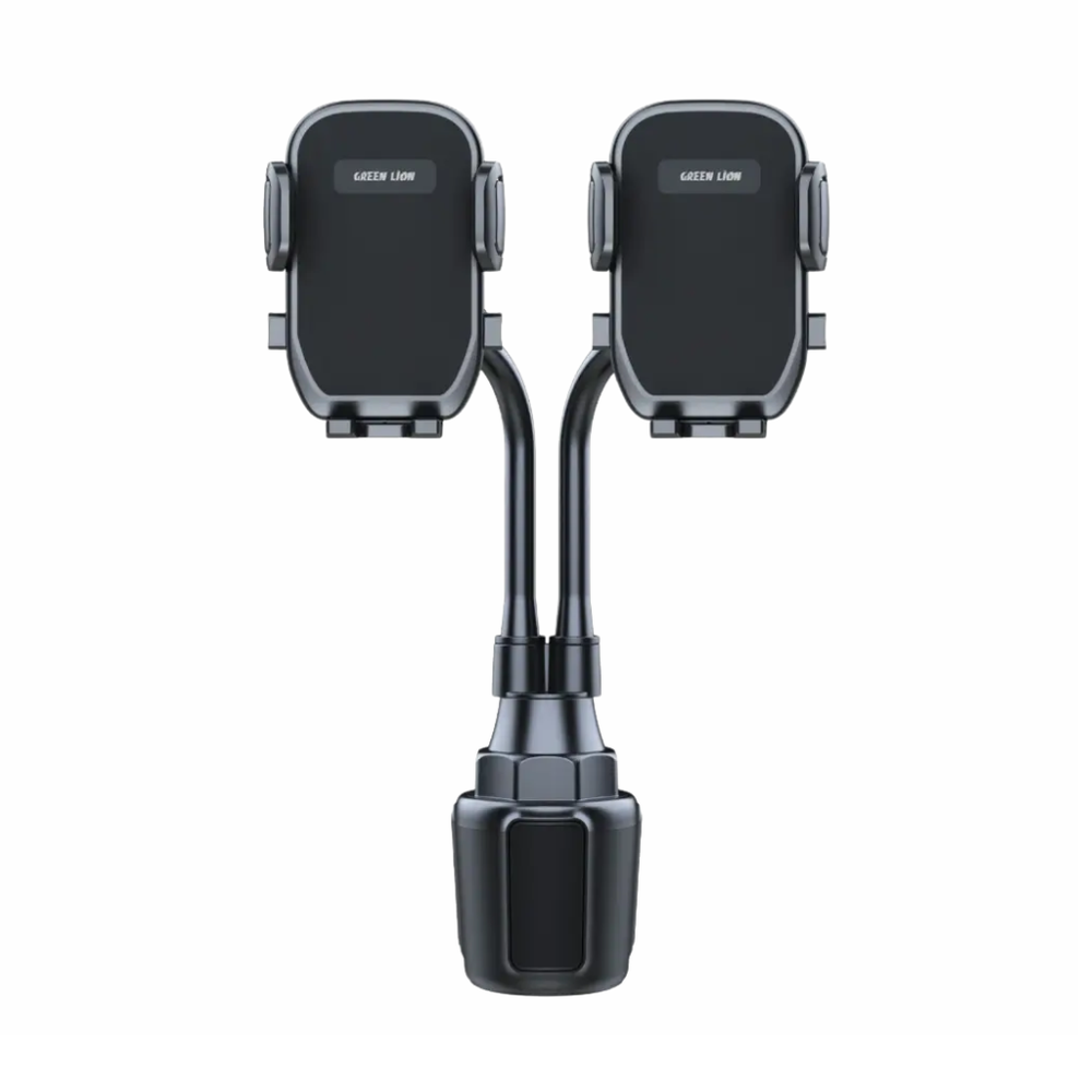 Green Lion black dual phone car holder with flexible arms and textured base
